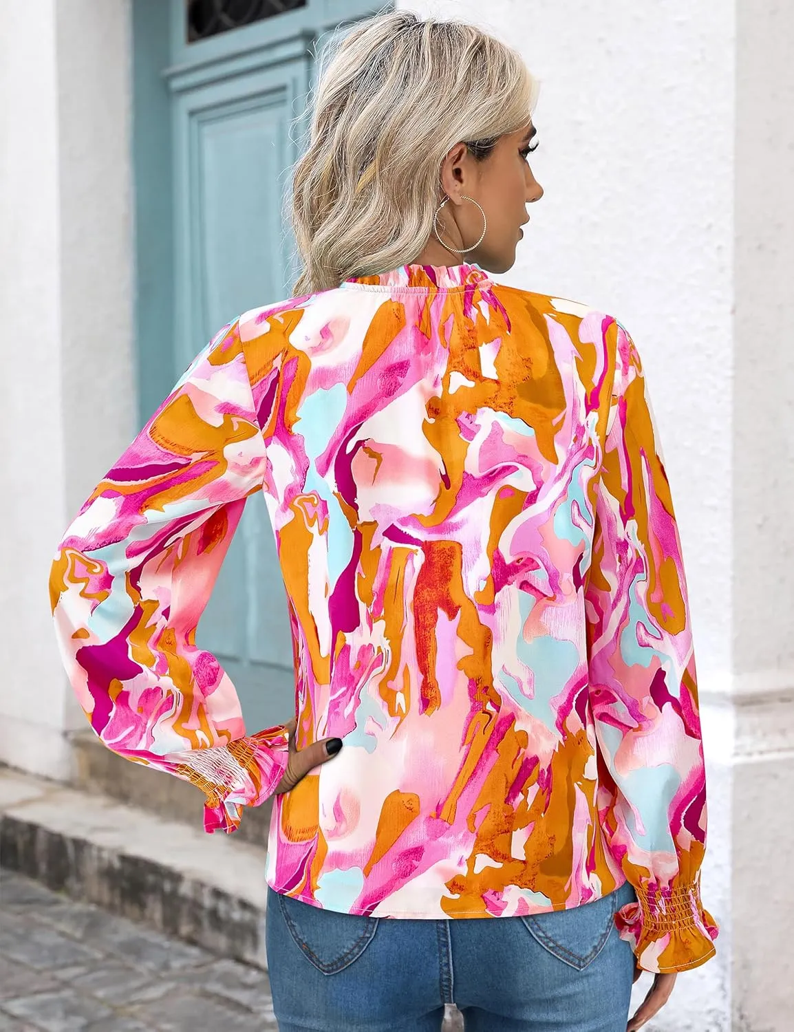 MASCOMODA Casual Spring Summer Chiffon Puff V Neck Trendy Tops for Womens 2025 Floral Dressy Long Sleeve Blouses Work Shirts