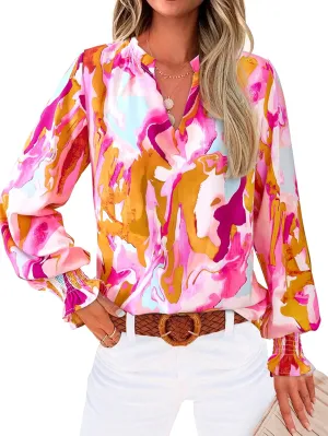 MASCOMODA Casual Spring Summer Chiffon Puff V Neck Trendy Tops for Womens 2025 Floral Dressy Long Sleeve Blouses Work Shirts
