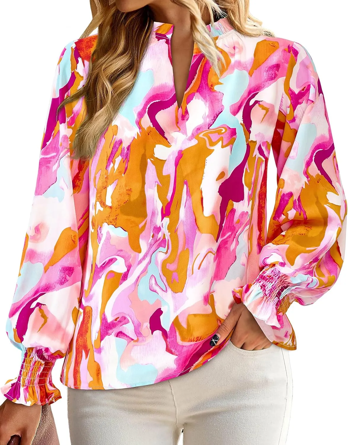 MASCOMODA Casual Spring Summer Chiffon Puff V Neck Trendy Tops for Womens 2025 Floral Dressy Long Sleeve Blouses Work Shirts