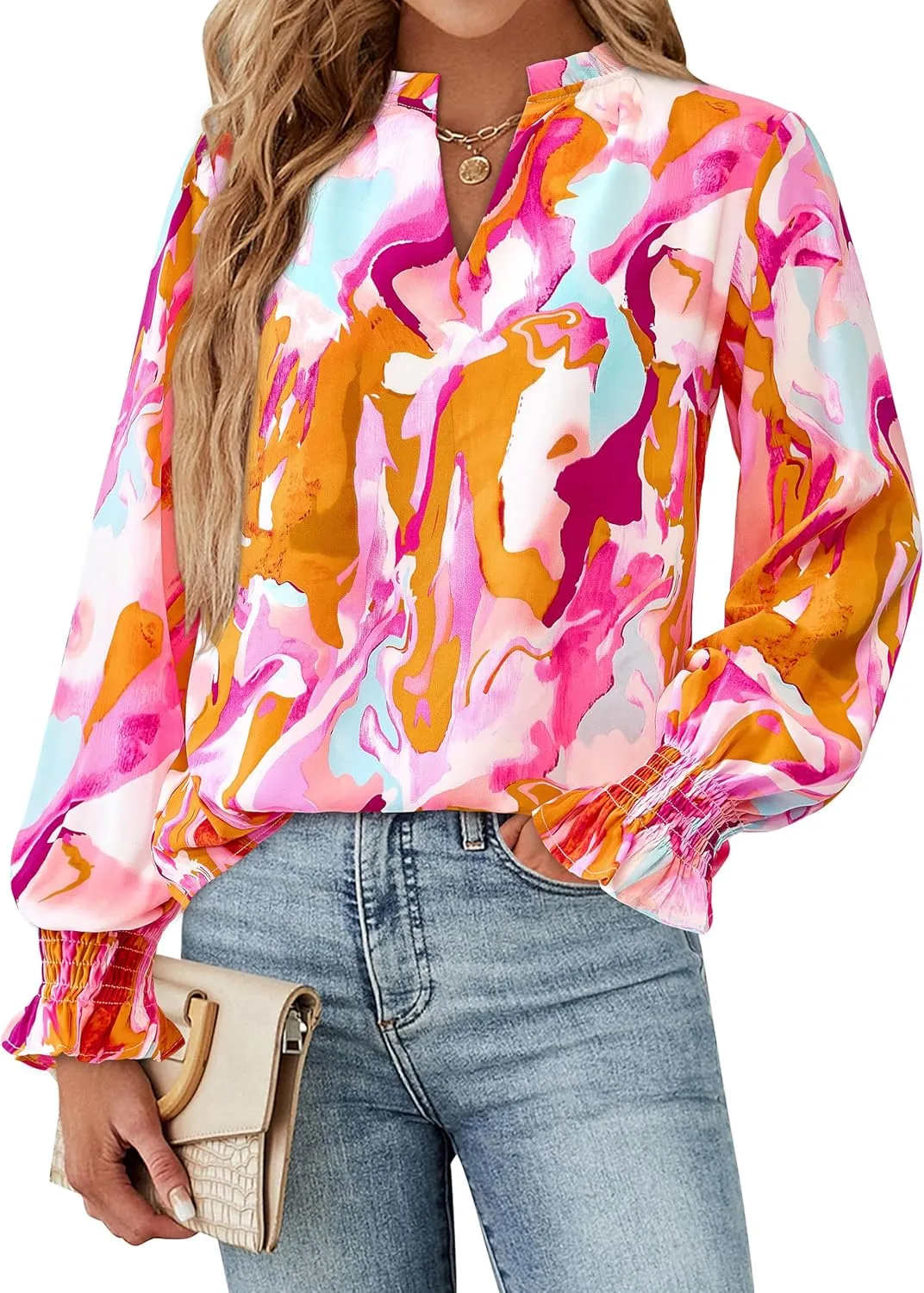 MASCOMODA Casual Spring Summer Chiffon Puff V Neck Trendy Tops for Womens 2025 Floral Dressy Long Sleeve Blouses Work Shirts