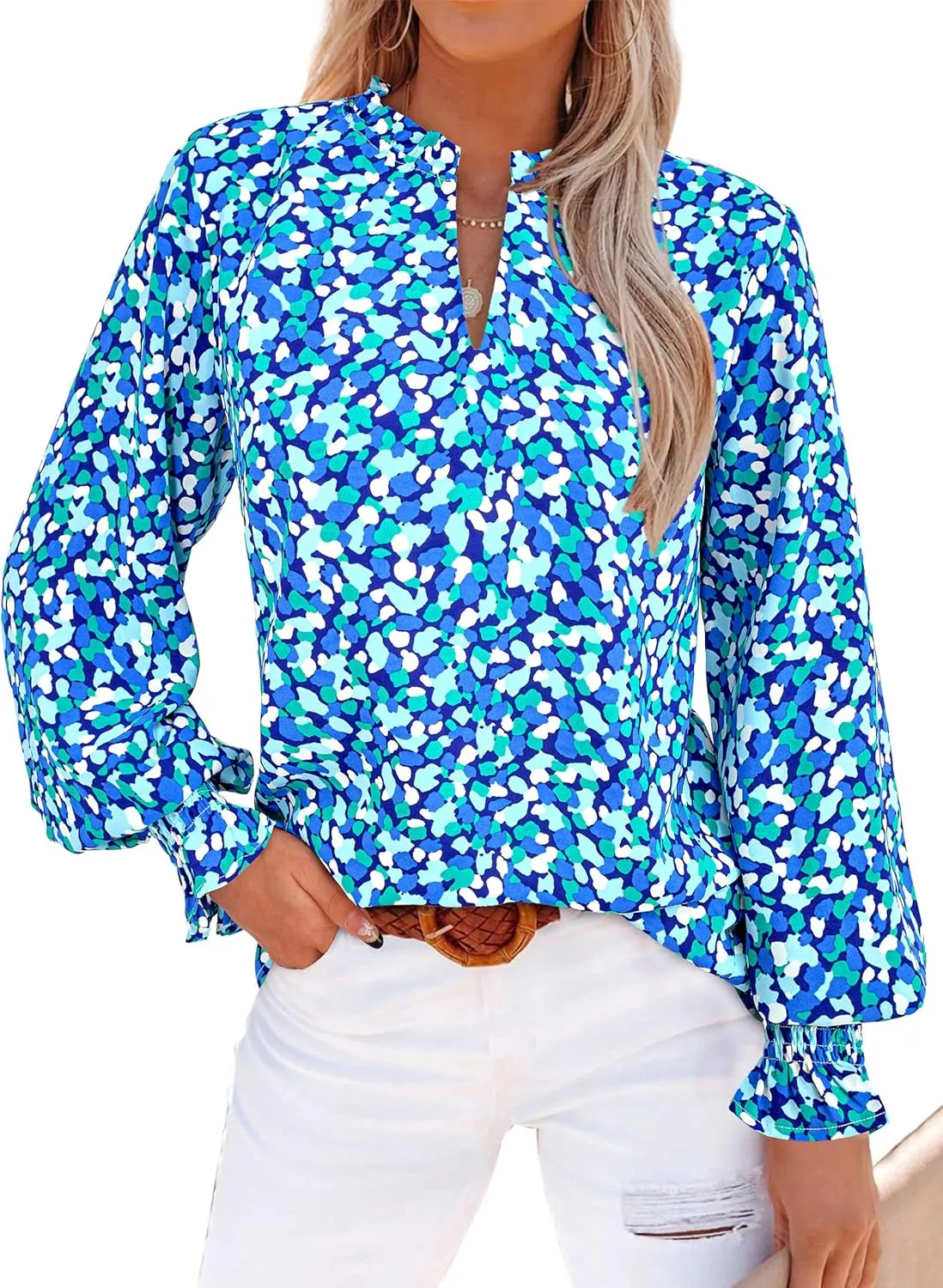 MASCOMODA Casual Spring Summer Chiffon Puff V Neck Trendy Tops for Womens 2025 Floral Dressy Long Sleeve Blouses Work Shirts
