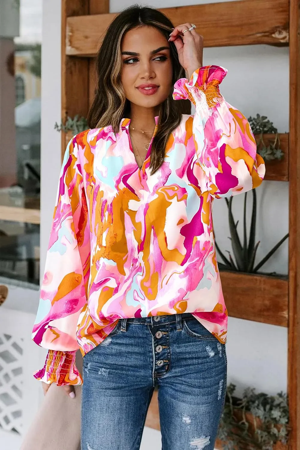 MASCOMODA Casual Spring Summer Chiffon Puff V Neck Trendy Tops for Womens 2025 Floral Dressy Long Sleeve Blouses Work Shirts