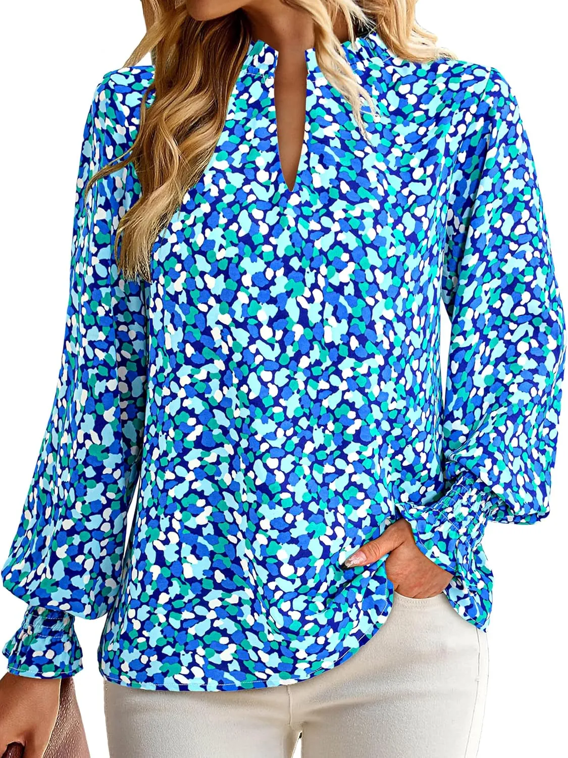 MASCOMODA Casual Spring Summer Chiffon Puff V Neck Trendy Tops for Womens 2025 Floral Dressy Long Sleeve Blouses Work Shirts