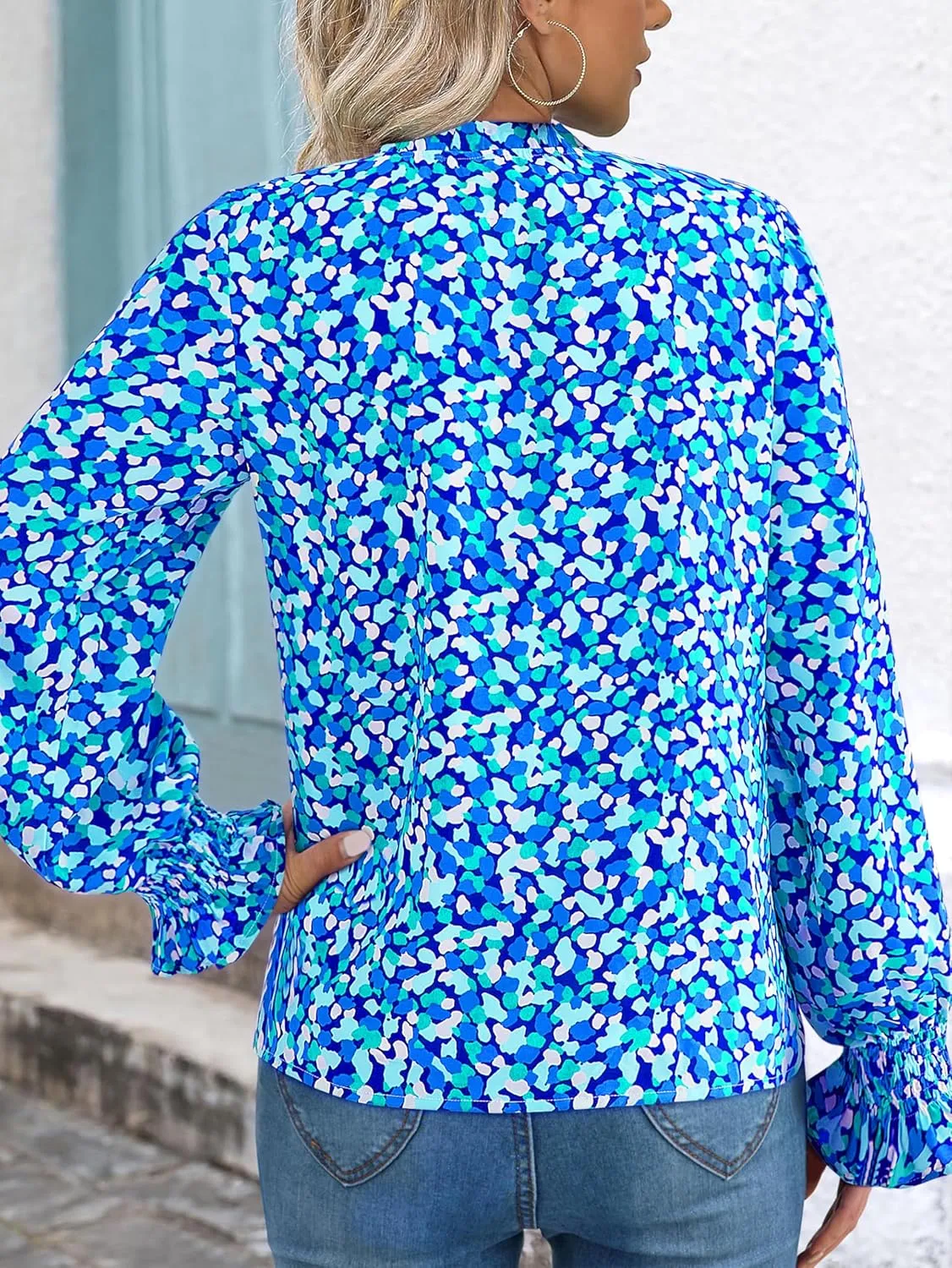 MASCOMODA Casual Spring Summer Chiffon Puff V Neck Trendy Tops for Womens 2025 Floral Dressy Long Sleeve Blouses Work Shirts