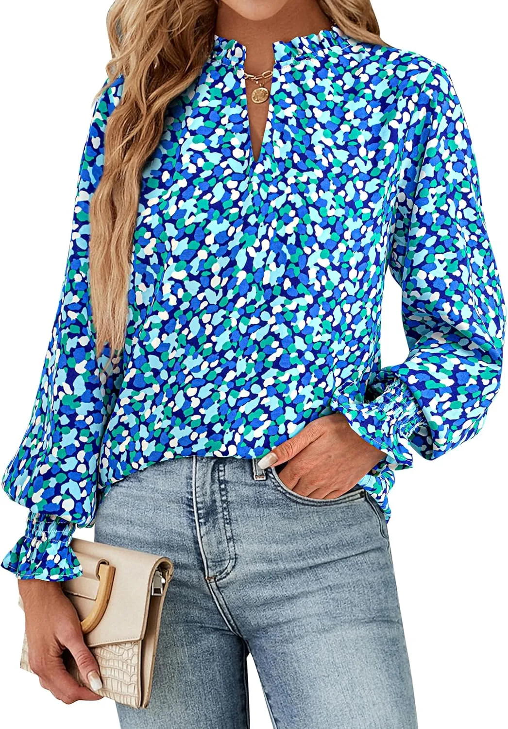 MASCOMODA Casual Spring Summer Chiffon Puff V Neck Trendy Tops for Womens 2025 Floral Dressy Long Sleeve Blouses Work Shirts