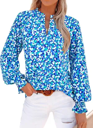 MASCOMODA Casual Spring Summer Chiffon Puff V Neck Trendy Tops for Womens 2025 Floral Dressy Long Sleeve Blouses Work Shirts