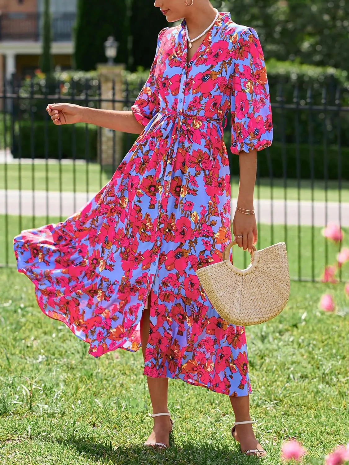 MASCOMODA Womens Floral Maxi Dresses Boho Summer Casual V Neck 3/4 Puff Sleeve Button Down Tie Waist Long Flowy Shirt Dress