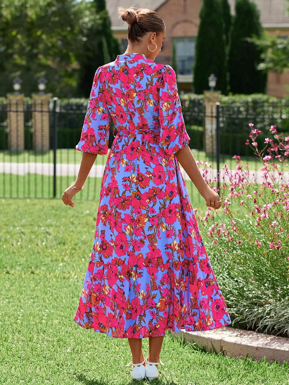MASCOMODA Womens Floral Maxi Dresses Boho Summer Casual V Neck 3/4 Puff Sleeve Button Down Tie Waist Long Flowy Shirt Dress