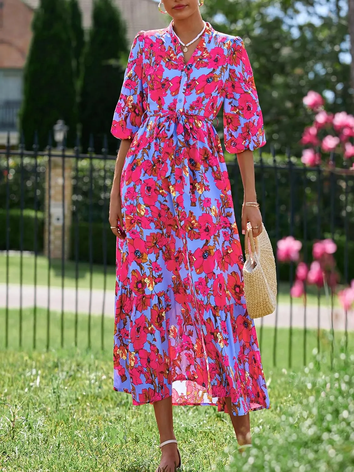 MASCOMODA Womens Floral Maxi Dresses Boho Summer Casual V Neck 3/4 Puff Sleeve Button Down Tie Waist Long Flowy Shirt Dress