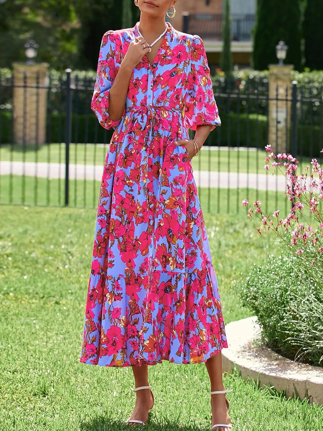 MASCOMODA Womens Floral Maxi Dresses Boho Summer Casual V Neck 3/4 Puff Sleeve Button Down Tie Waist Long Flowy Shirt Dress