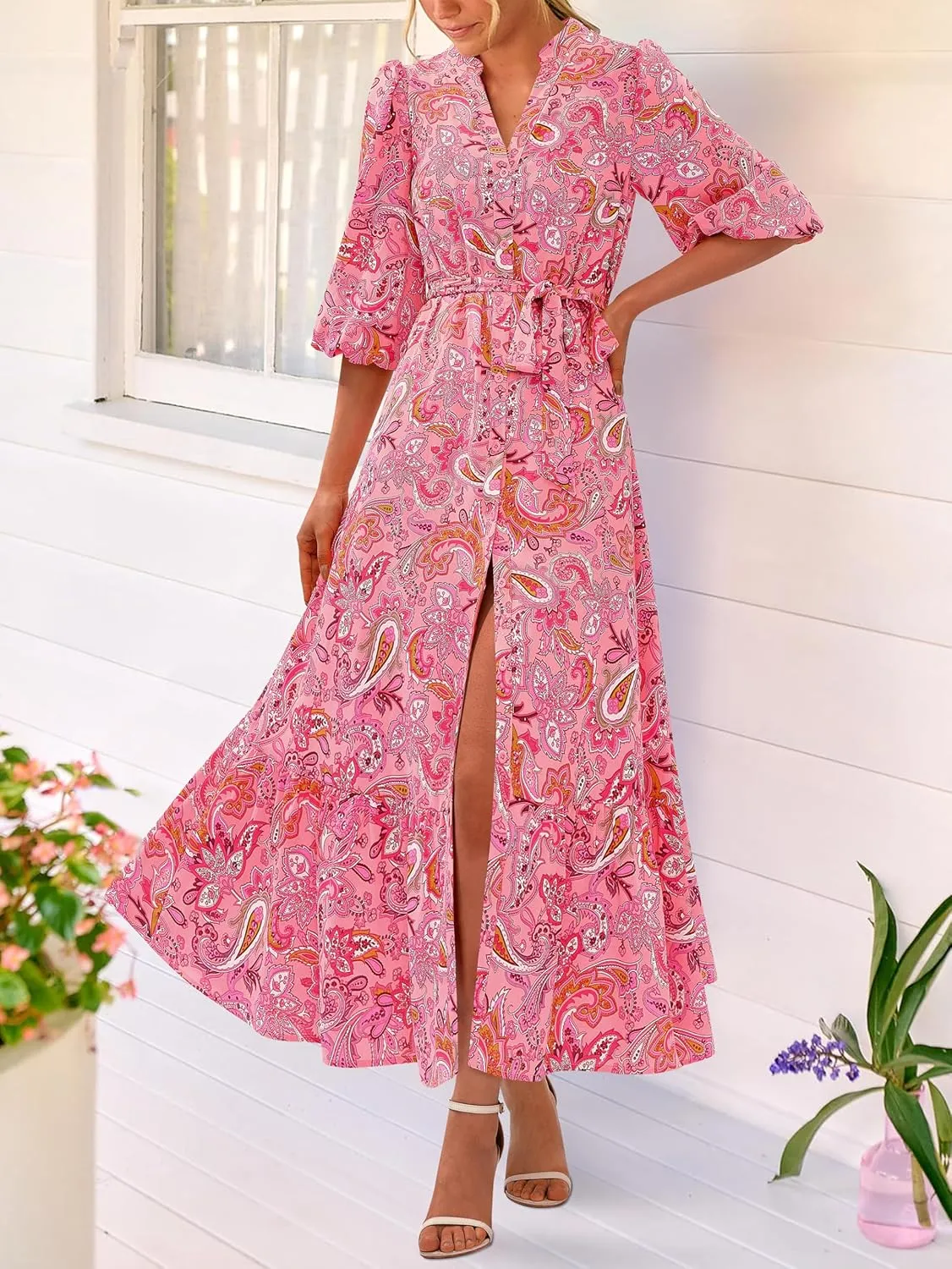 MASCOMODA Womens Floral Maxi Dresses Boho Summer Casual V Neck 3/4 Puff Sleeve Button Down Tie Waist Long Flowy Shirt Dress