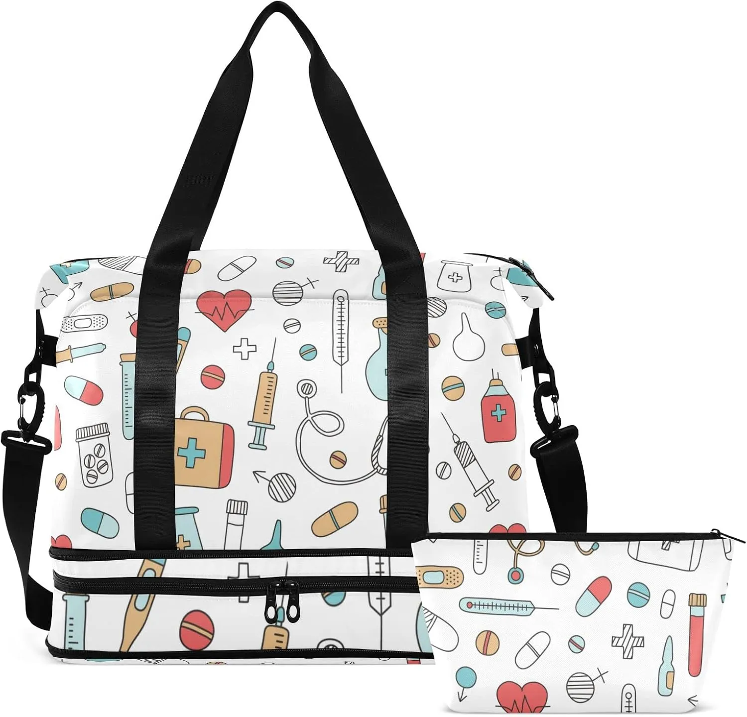 Medical Medicine Research Pills Needles Heart Blood on White Gym Duffel Bag, Polyester Travel Weekender Luggage Handbag with Waterproof Pocket for Wet Items, Unisex Foldable Tote for Sports