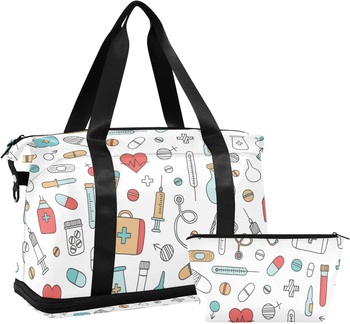Medical Medicine Research Pills Needles Heart Blood on White Gym Duffel Bag, Polyester Travel Weekender Luggage Handbag with Waterproof Pocket for Wet Items, Unisex Foldable Tote for Sports