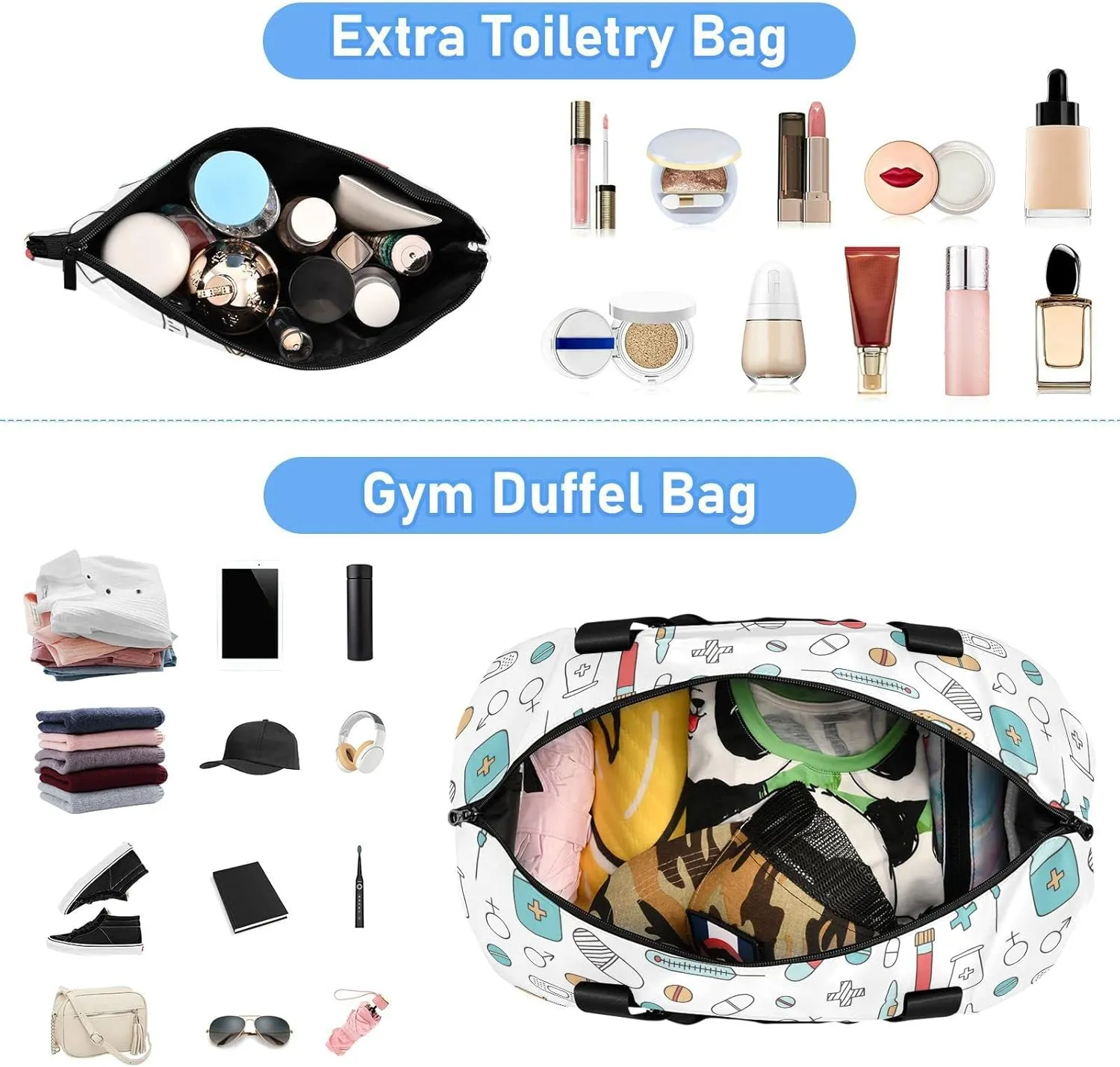 Medical Medicine Research Pills Needles Heart Blood on White Gym Duffel Bag, Polyester Travel Weekender Luggage Handbag with Waterproof Pocket for Wet Items, Unisex Foldable Tote for Sports