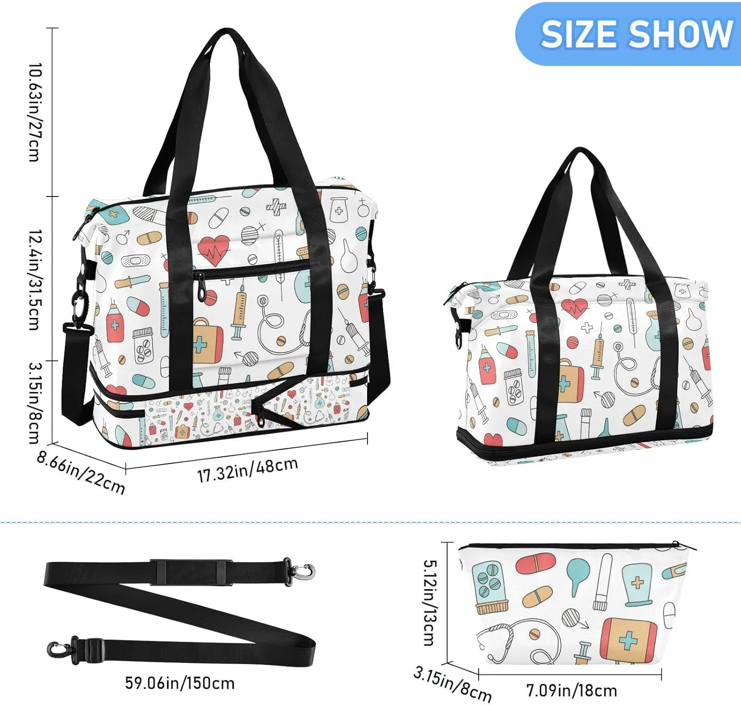 Medical Medicine Research Pills Needles Heart Blood on White Gym Duffel Bag, Polyester Travel Weekender Luggage Handbag with Waterproof Pocket for Wet Items, Unisex Foldable Tote for Sports