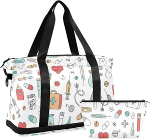 Medical Medicine Research Pills Needles Heart Blood on White Gym Duffel Bag, Polyester Travel Weekender Luggage Handbag with Waterproof Pocket for Wet Items, Unisex Foldable Tote for Sports