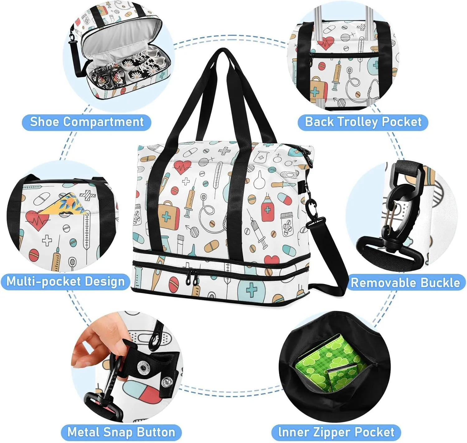 Medical Medicine Research Pills Needles Heart Blood on White Gym Duffel Bag, Polyester Travel Weekender Luggage Handbag with Waterproof Pocket for Wet Items, Unisex Foldable Tote for Sports