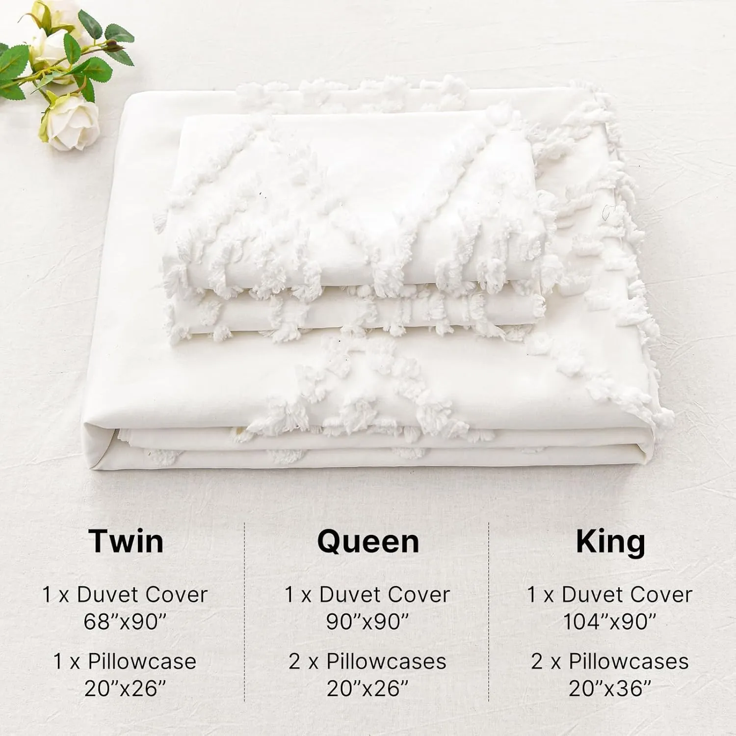 MEILA White Duvet Cover King Size, Soft and Lightweight Boho Duvet Covers Set Tufted for All Seasons, 3 Pieces Boho Embroidery Shabby Chic Bedding Set (White, King, 104’’ x 90’’)