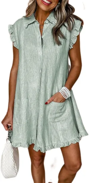 Melliflo Women's Button Down Shirt Dress Sleeveless Striped Boho Mini Dress with Pockets Summer Beach Cover Up