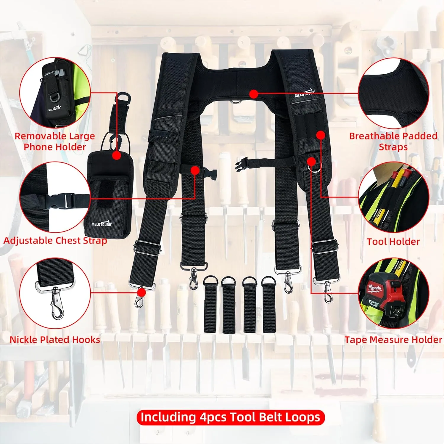 MELOTOUGH Tool Belt Suspenders Construction Bag Suspenders Padded Work belt Suspenders for Carpenter/Electrician/Roofing/Farmer work Suspension Rig(H Back)