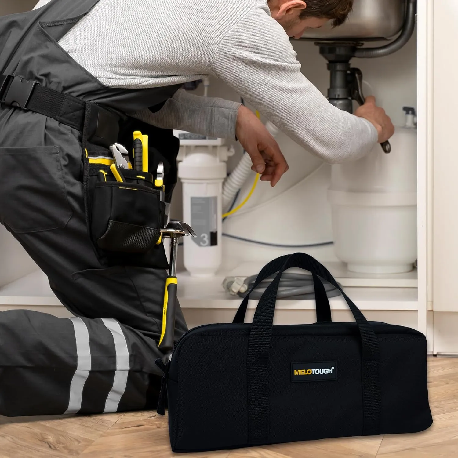MELOTOUGH Utility Tool Tote bag Combo Kit-Includes 2 Medium Tool Organizer Bags for Electrician, Plumbing, Gardening, HVAC & More (14 inch,Black&Grey)