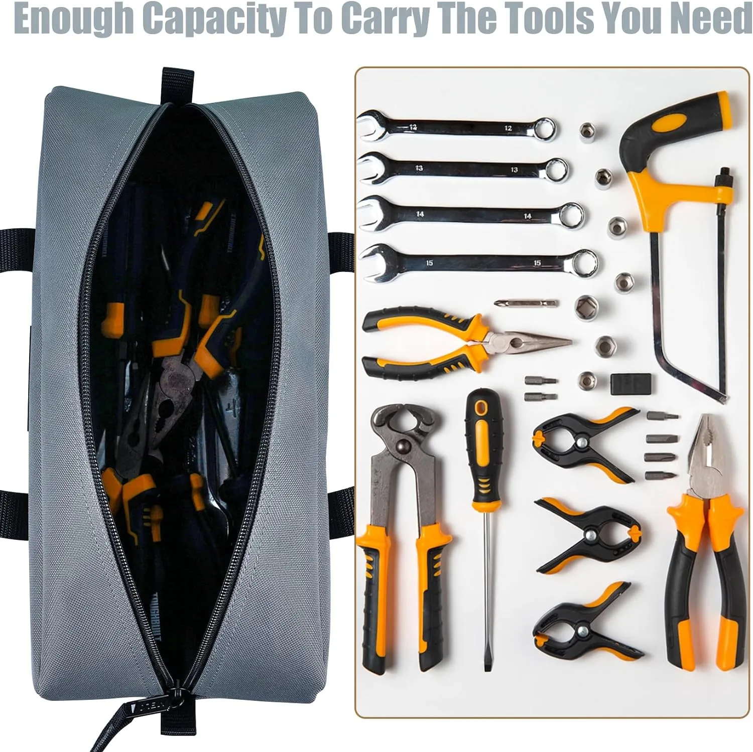 MELOTOUGH Utility Tool Tote bag Combo Kit-Includes 2 Medium Tool Organizer Bags for Electrician, Plumbing, Gardening, HVAC & More (14 inch,Black&Grey)