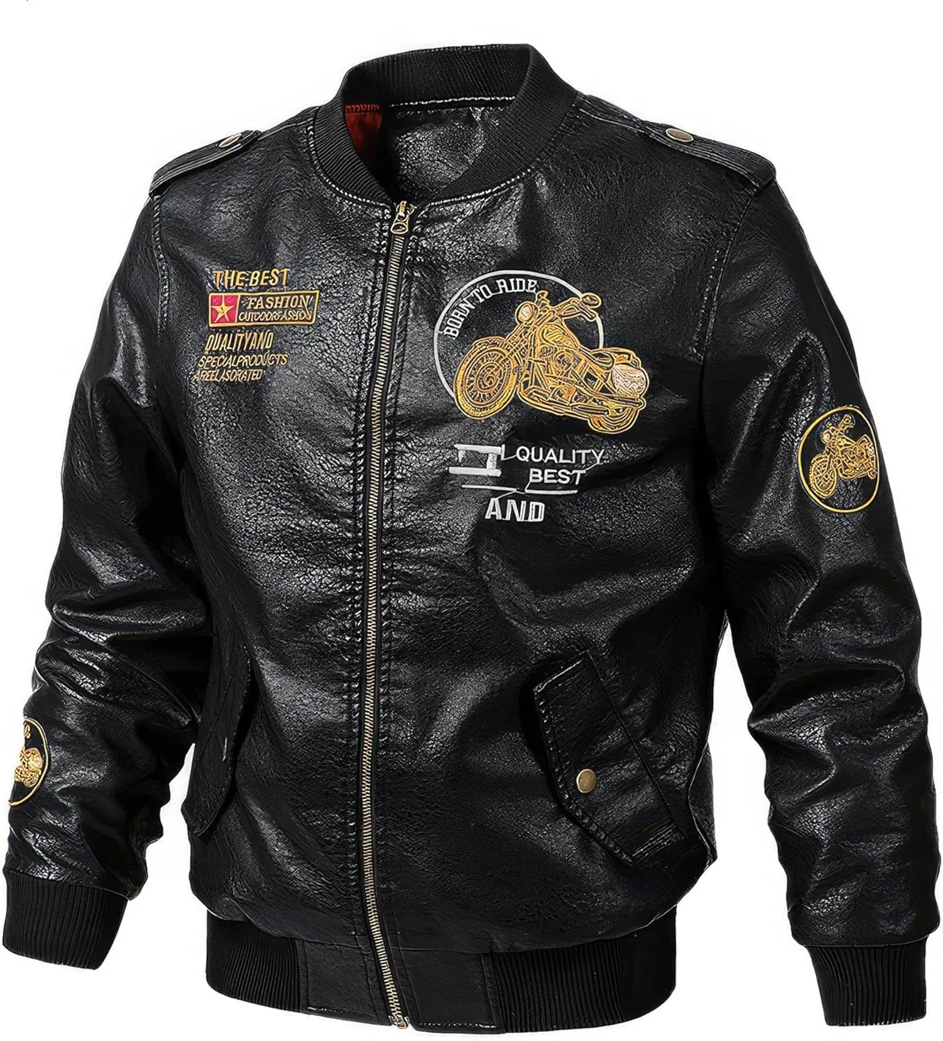 Men Motorcycle Casual Embroidered Retro Aviator Jacket Pu Jacket Warm Overcoat Genuine Leather Jackets