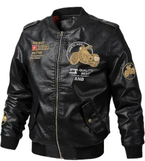 Men Motorcycle Casual Embroidered Retro Aviator Jacket Pu Jacket Warm Overcoat Genuine Leather Jackets
