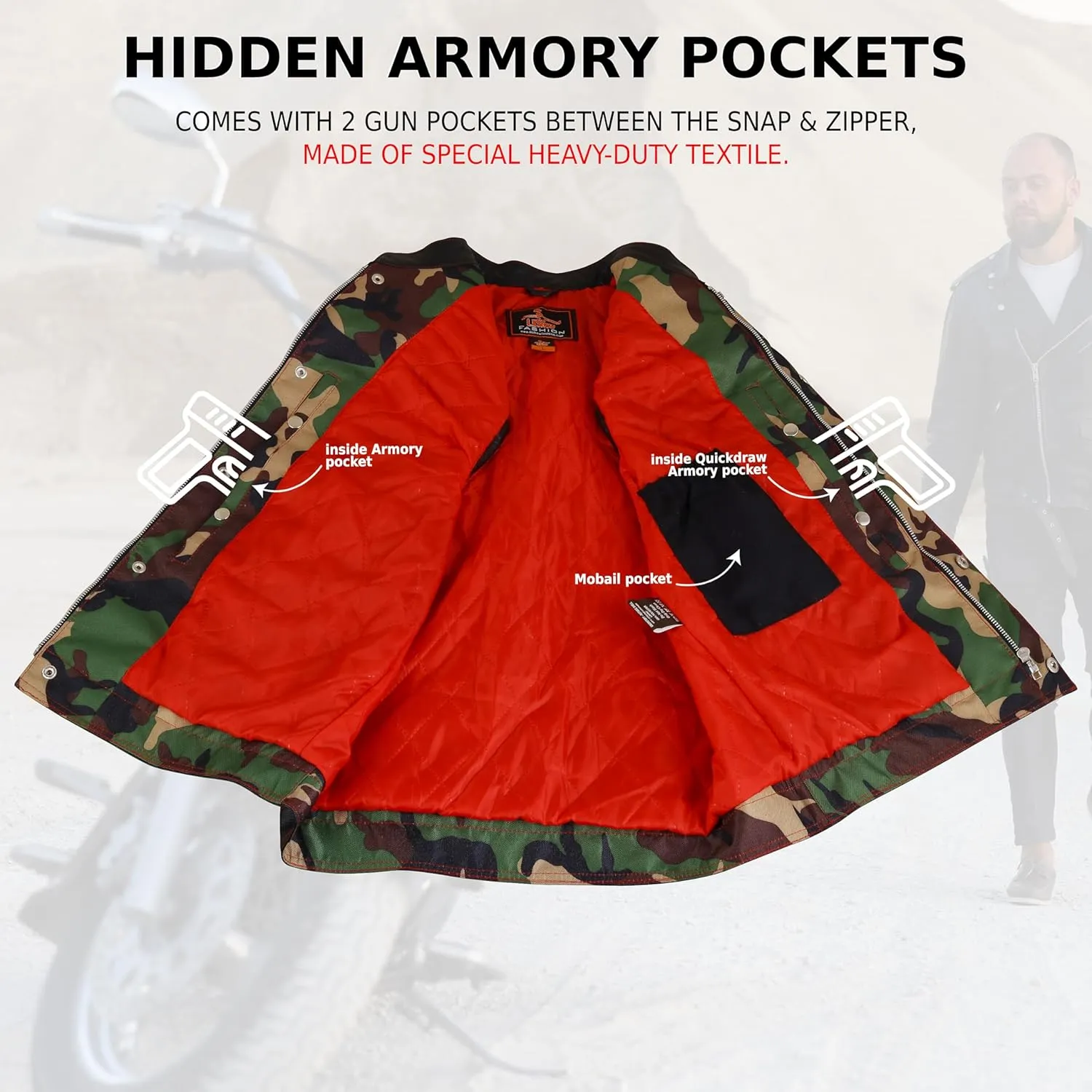 .Men's Biker Rider Motorcycle club leather & textile camouflage vest