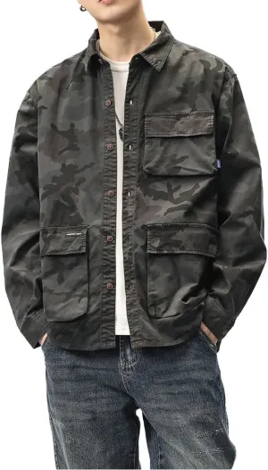Men's Camouflage Military Shirts Relaxed Fit Multi Pockets Cotton Long Sleeves Shirts