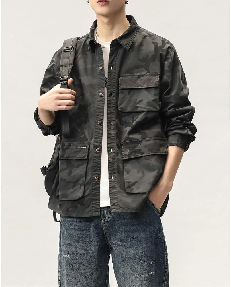 Men's Camouflage Military Shirts Relaxed Fit Multi Pockets Cotton Long Sleeves Shirts