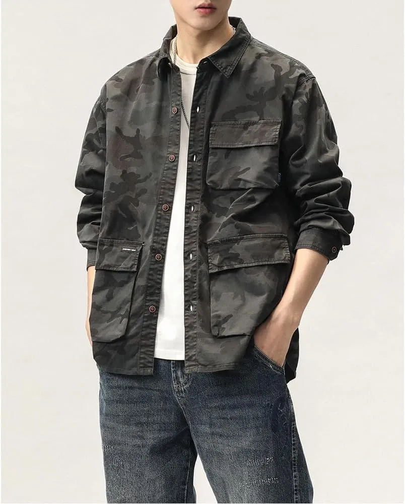 Men's Camouflage Military Shirts Relaxed Fit Multi Pockets Cotton Long Sleeves Shirts