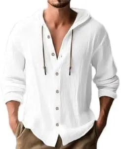 Men's Casual Linen Button - Down: Long Sleeve, Roll - Up, Hooded Tops for Summer Beach