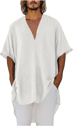 Men's Cotton Linen T-Shirts Summer Solid V Neck Short Sleeve Tunic Tops Casual Fashion Loose Fit Beach Long Blouse