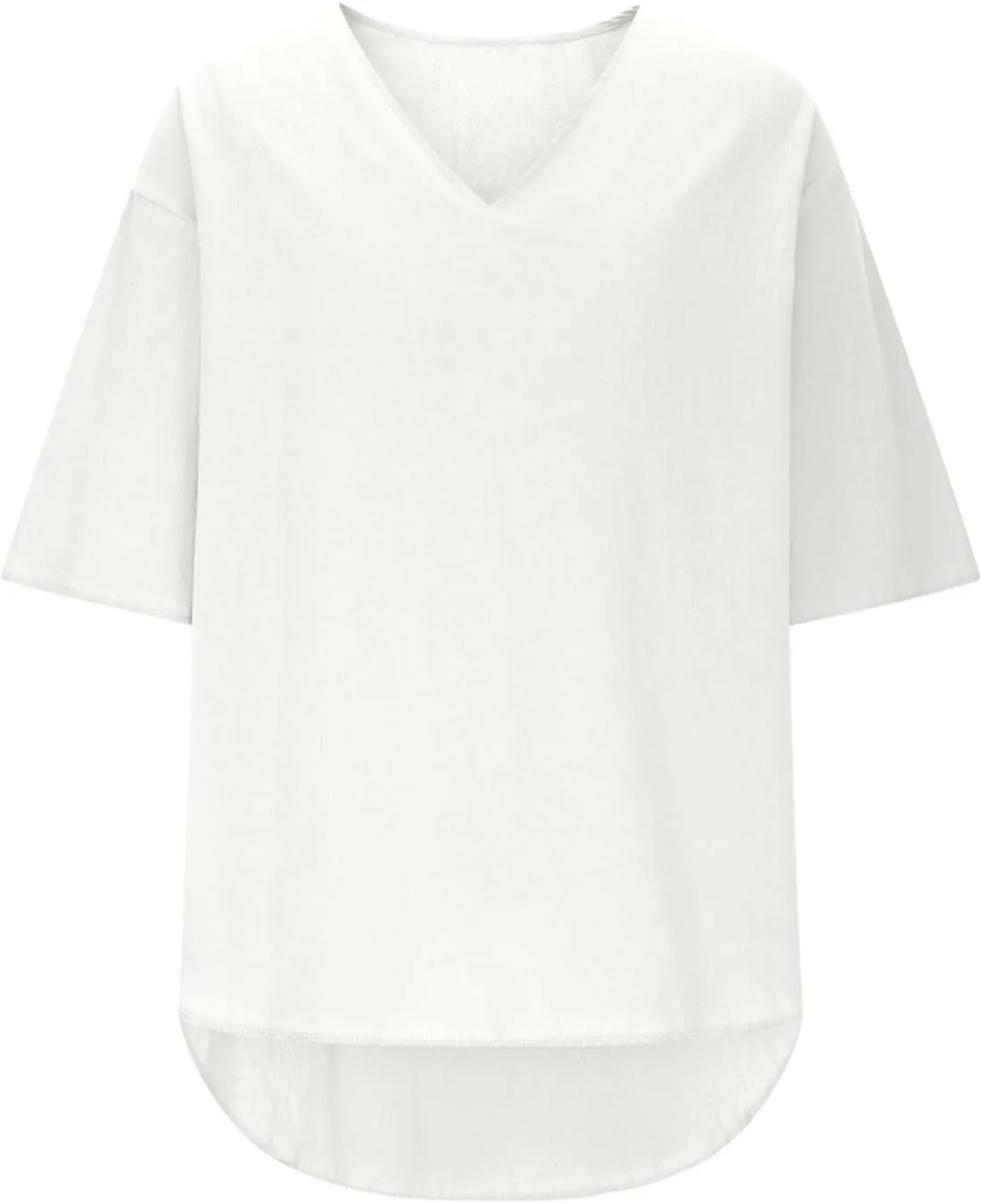 Men's Cotton Linen T-Shirts Summer Solid V Neck Short Sleeve Tunic Tops Casual Fashion Loose Fit Beach Long Blouse