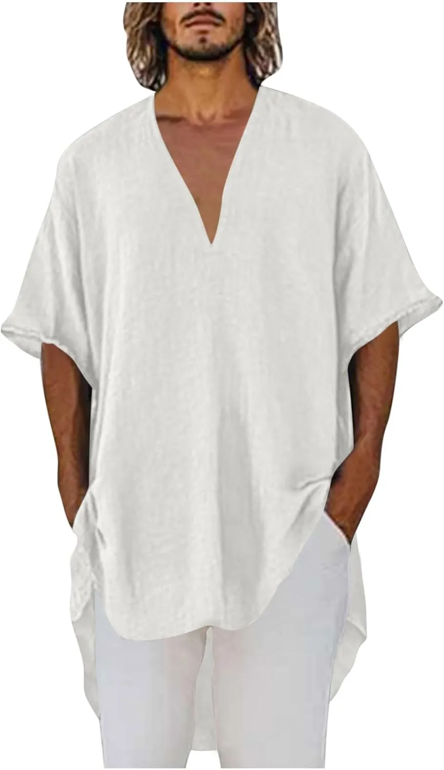 Men's Cotton Linen T-Shirts Summer Solid V Neck Short Sleeve Tunic Tops Casual Fashion Loose Fit Beach Long Blouse