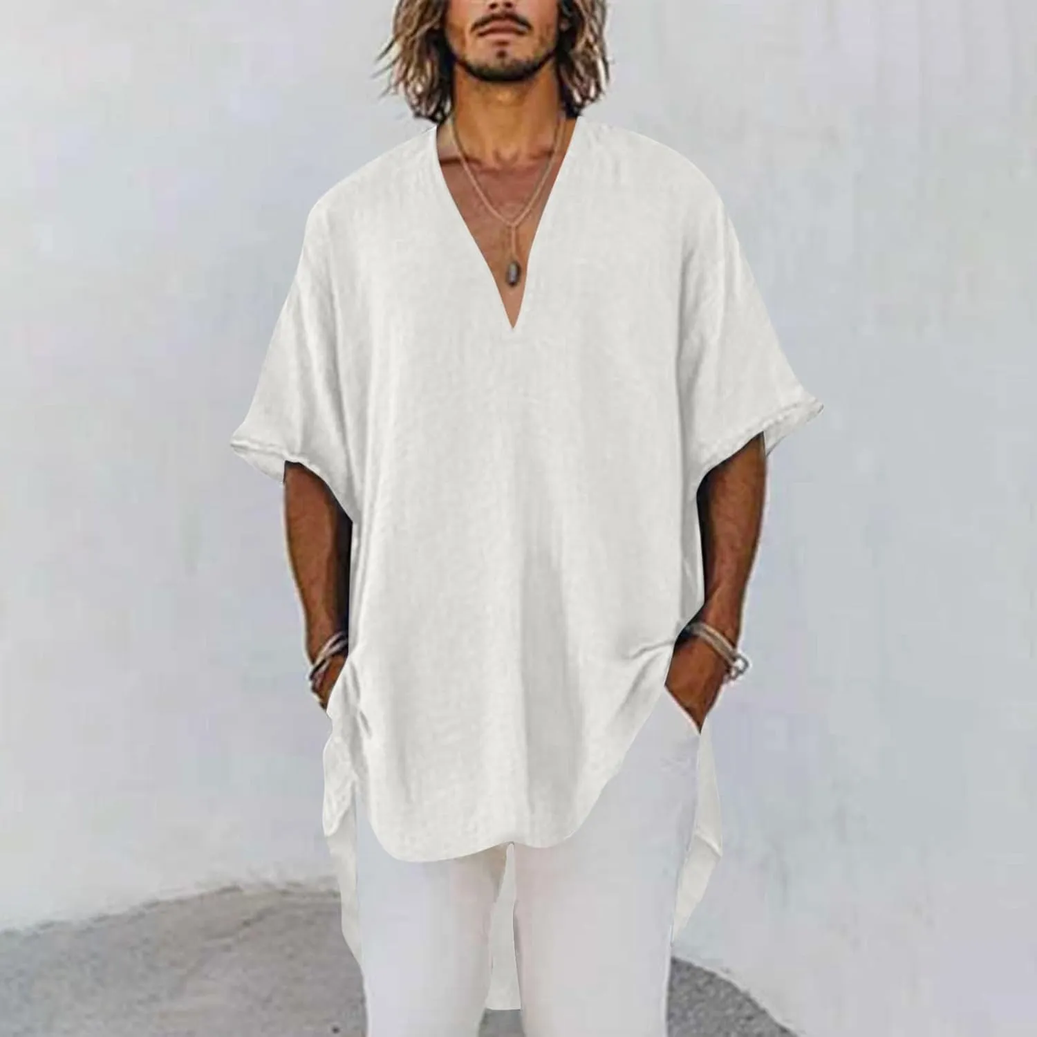 Men's Cotton Linen T-Shirts Summer Solid V Neck Short Sleeve Tunic Tops Casual Fashion Loose Fit Beach Long Blouse