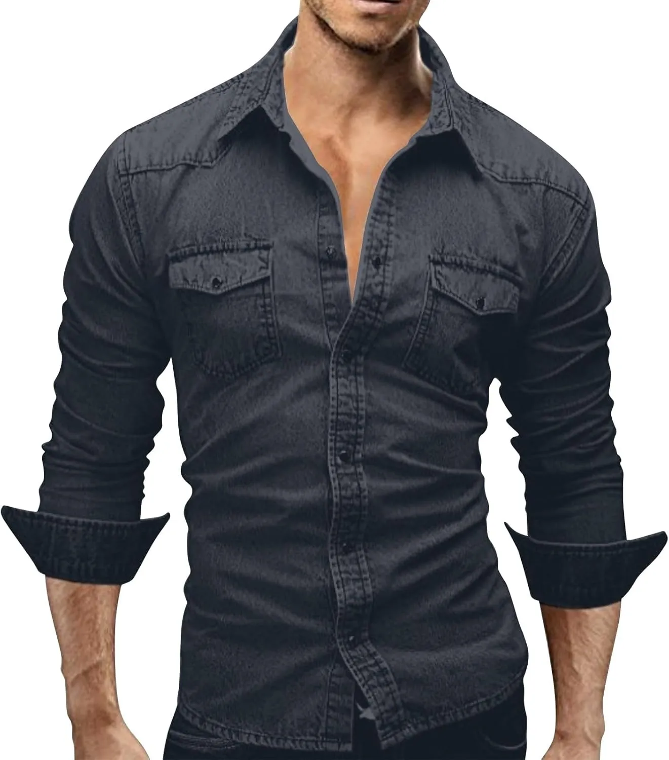 Mens Denim Shirt Snap Button Down Jean Shirts Long Sleeve Slim Fit Western Shirt Casual Retro Work Shirts