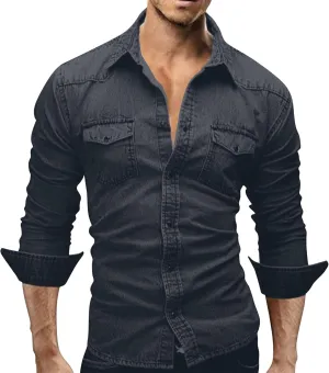 Mens Denim Shirt Snap Button Down Jean Shirts Long Sleeve Slim Fit Western Shirt Casual Retro Work Shirts