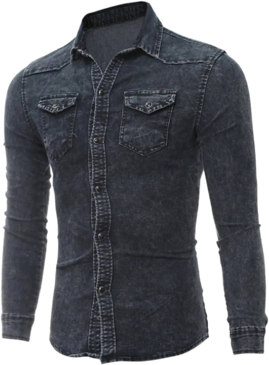 Mens Denim Shirt Snap Button Down Jean Shirts Long Sleeve Slim Fit Western Shirt Casual Retro Work Shirts