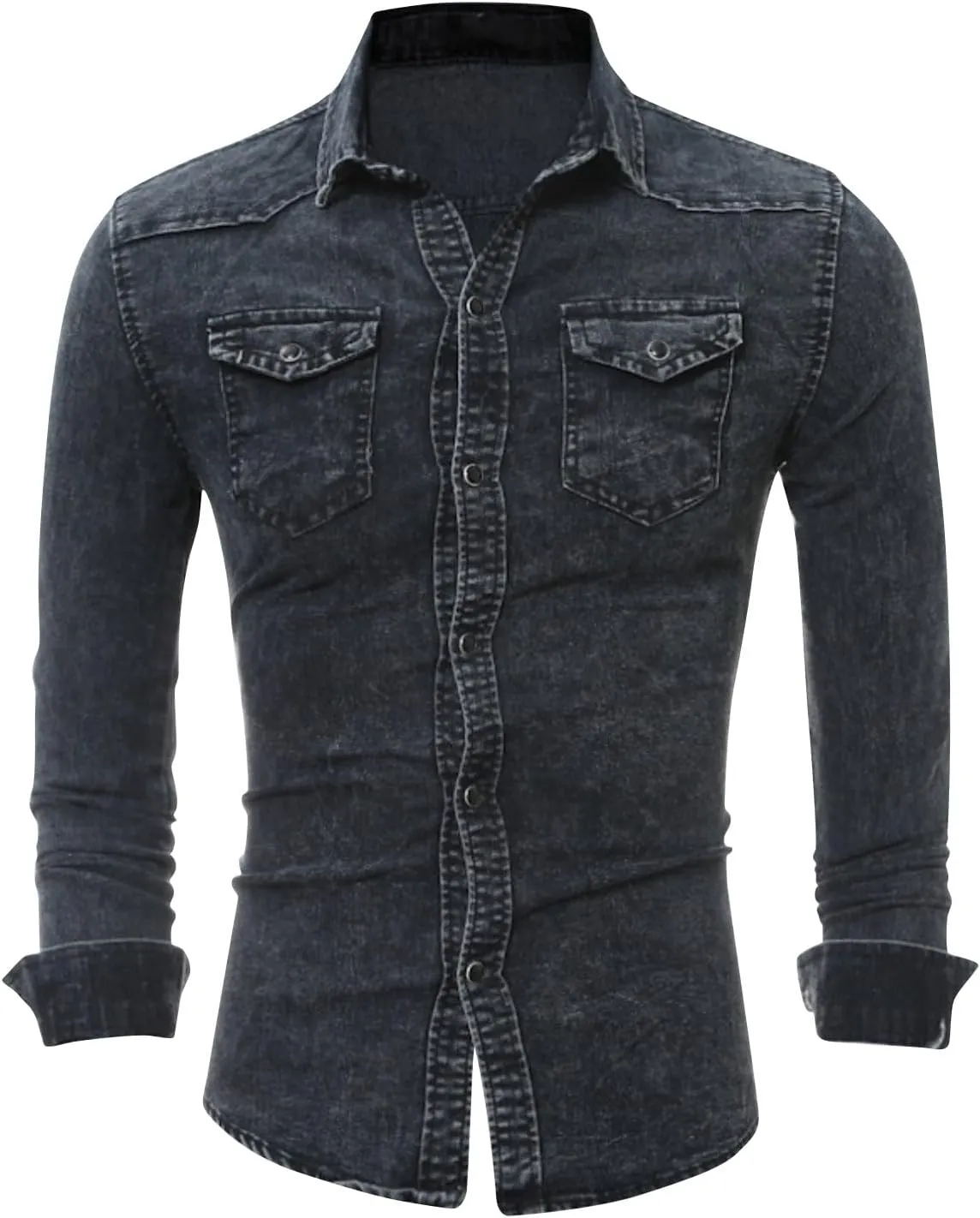 Mens Denim Shirt Snap Button Down Jean Shirts Long Sleeve Slim Fit Western Shirt Casual Retro Work Shirts