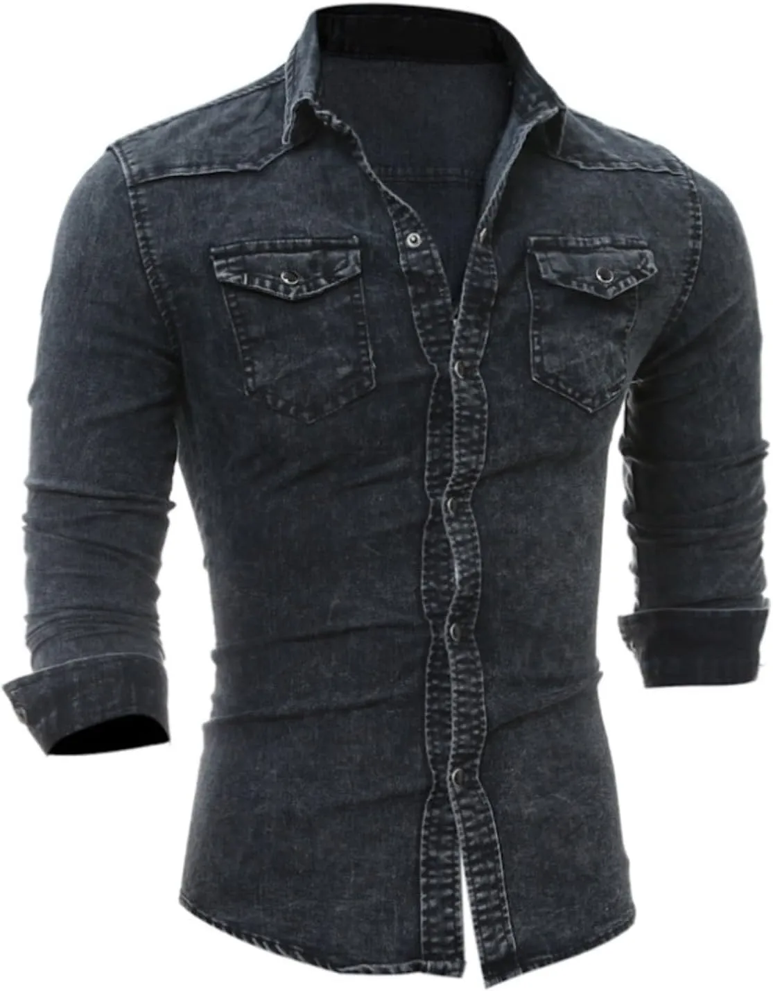 Mens Denim Shirt Snap Button Down Jean Shirts Long Sleeve Slim Fit Western Shirt Casual Retro Work Shirts