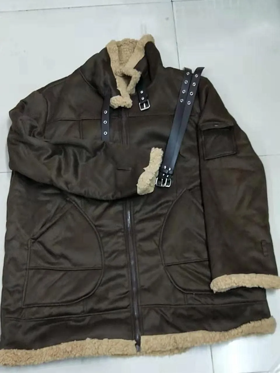 Mens Faux Fur Bomber Jacket Sherpa Lined Fleece Shearling Coat Lapel Motorcycle Cargo Trucker Aviator Outwear