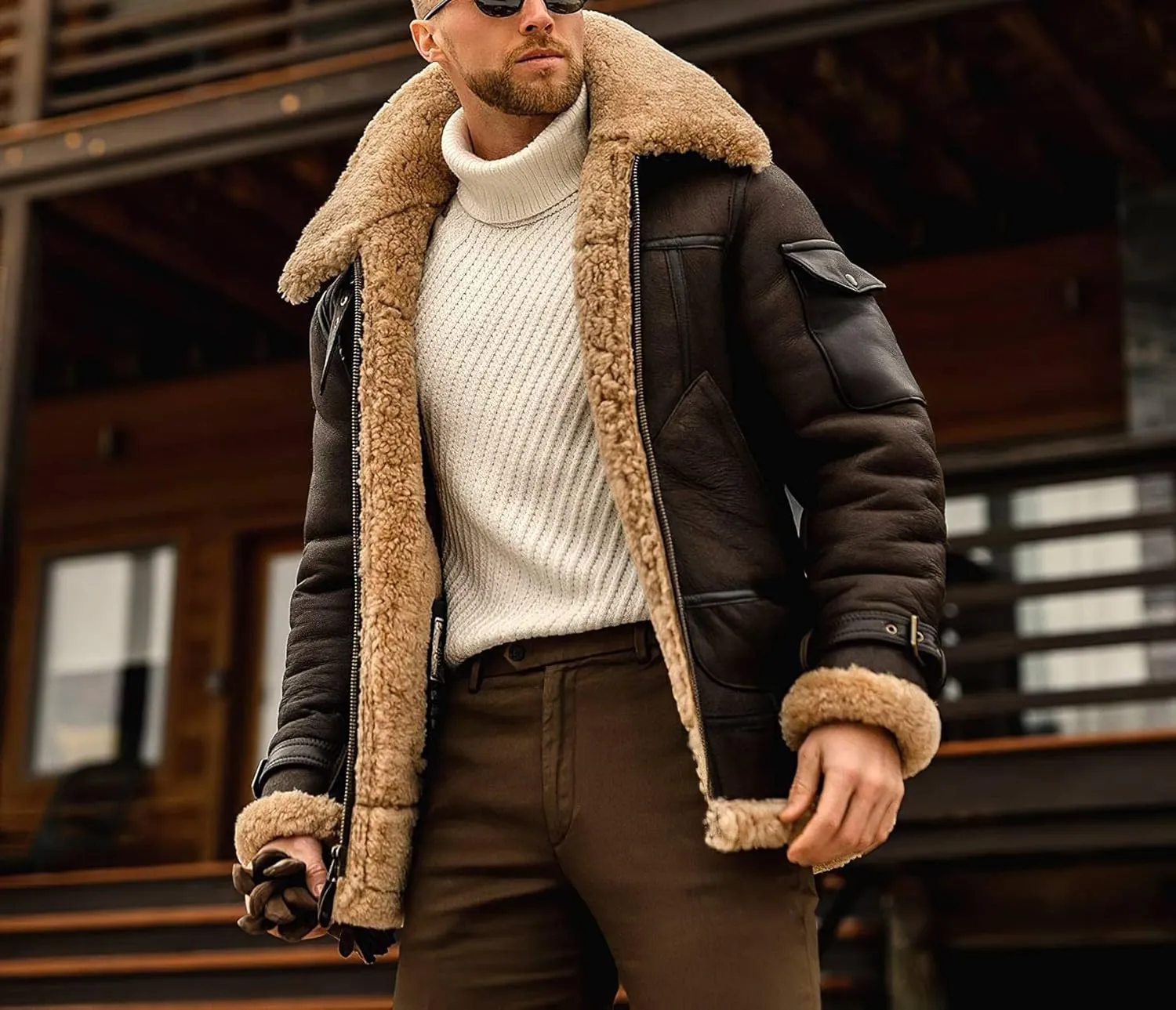 Mens Faux Fur Bomber Jacket Sherpa Lined Fleece Shearling Coat Lapel Motorcycle Cargo Trucker Aviator Outwear