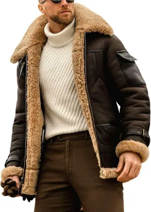 Mens Faux Fur Bomber Jacket Sherpa Lined Fleece Shearling Coat Lapel Motorcycle Cargo Trucker Aviator Outwear
