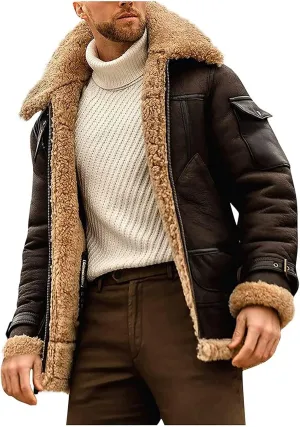 Men's Faux Fur Jacket Lined Fleece Shearling Coat Warm Military Cargo Trucker Aviator Bomber Jacket Outwear (Color : Coffee, Size : XX-Large)