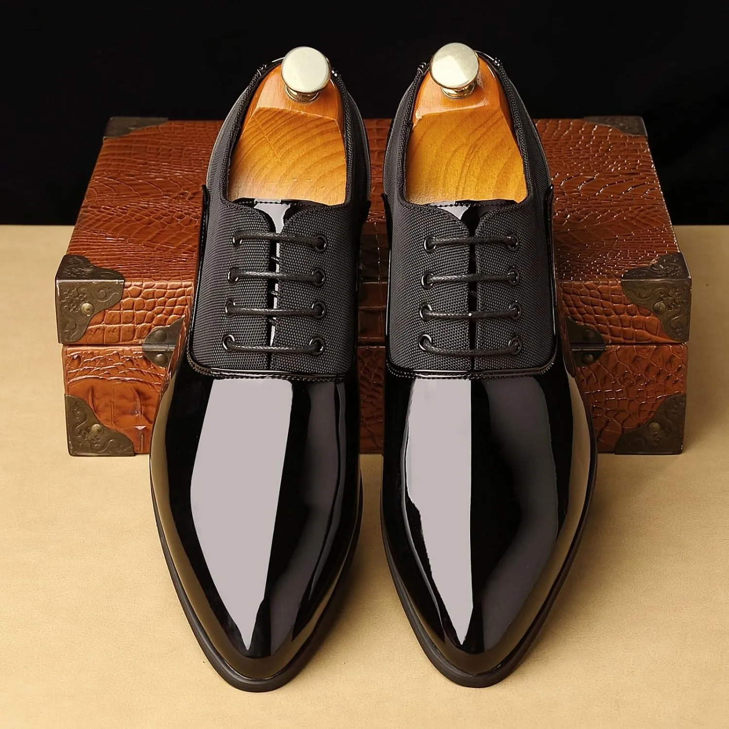 Men's Faux Patent Leather Dress Shoes Glitter Prom Tuxedo Lace-up Formal Oxford