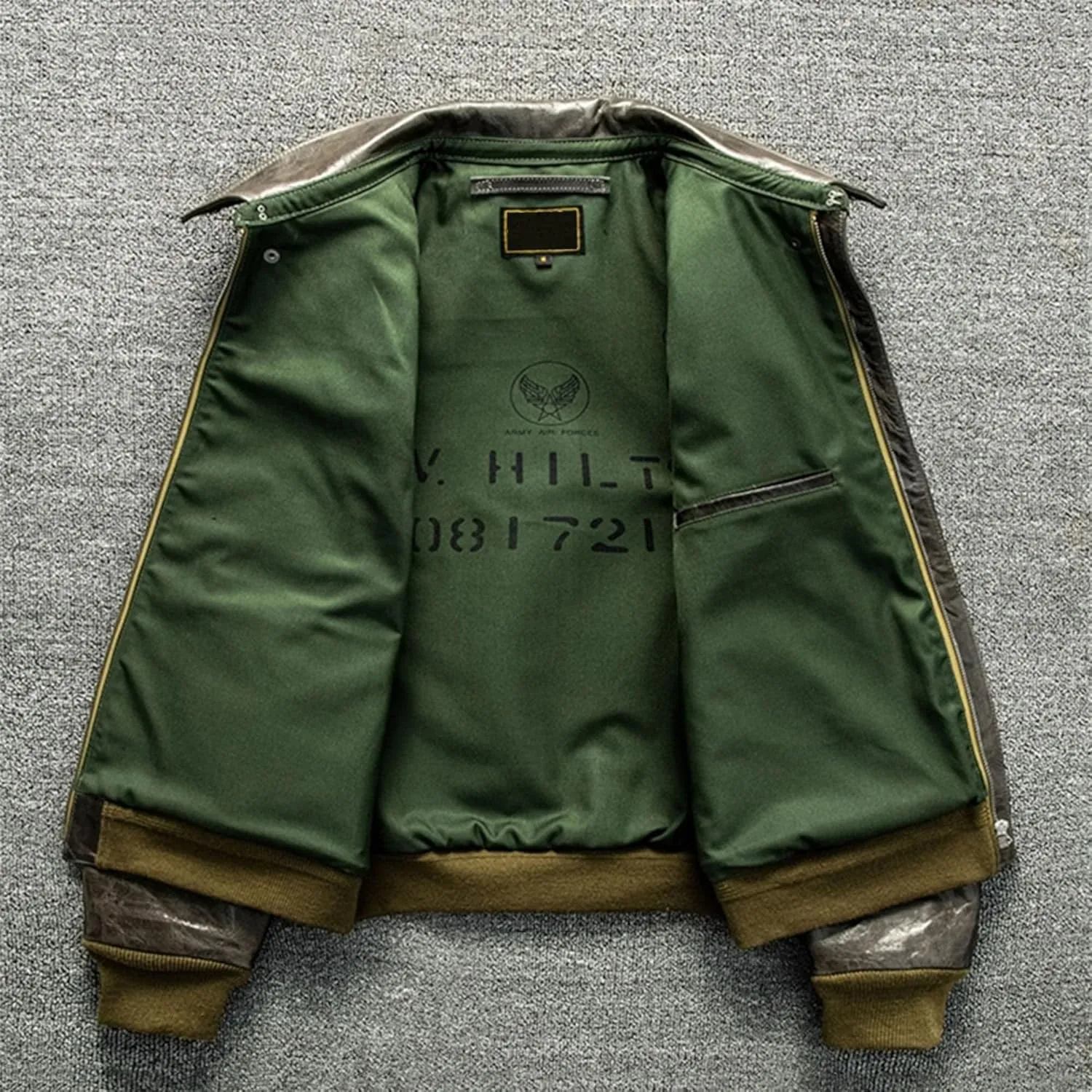 Mens Olive Green Pilot Leather Jacket Military Style Aviation Genuine Leather Coat