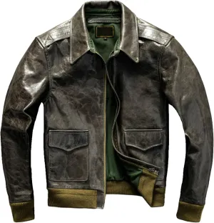 Mens Olive Green Pilot Leather Jacket Military Style Aviation Genuine Leather Coat