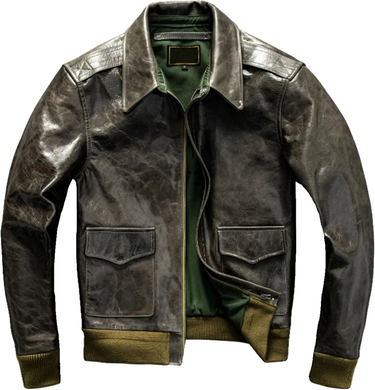 Mens Olive Green Pilot Leather Jacket Military Style Aviation Genuine Leather Coat